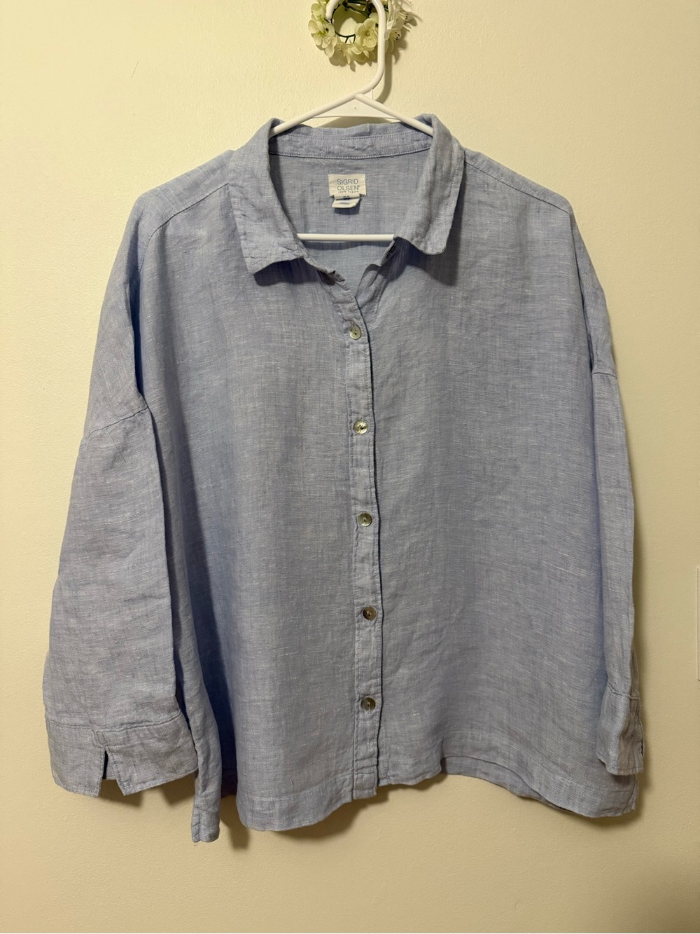 Sigrid Olsen Soft Sky Blue Linen Button-Down Shirt
